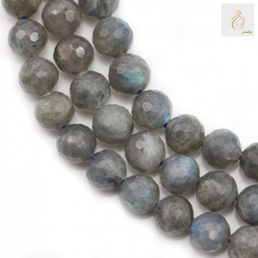 Natural labradorite faceted round beads 8mm diameter showing iridescent flash and color play