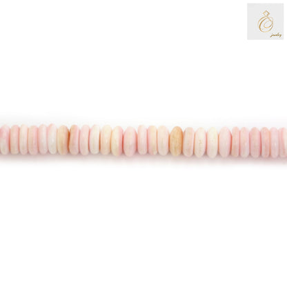 Pink Lambi shell heishi beads 3x8mm size displayed on strand, natural shell jewelry making supplies