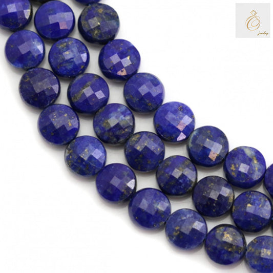 Lapis Lazuli faceted flat round beads 6mm diameter with natural golden pyrite flecks"
"Premium blue gemstone beads for jewelry making, 6mm lapis lazuli with 1mm holes"
"Natural lapis lazuli beads showing deep blue color and faceted surface detail