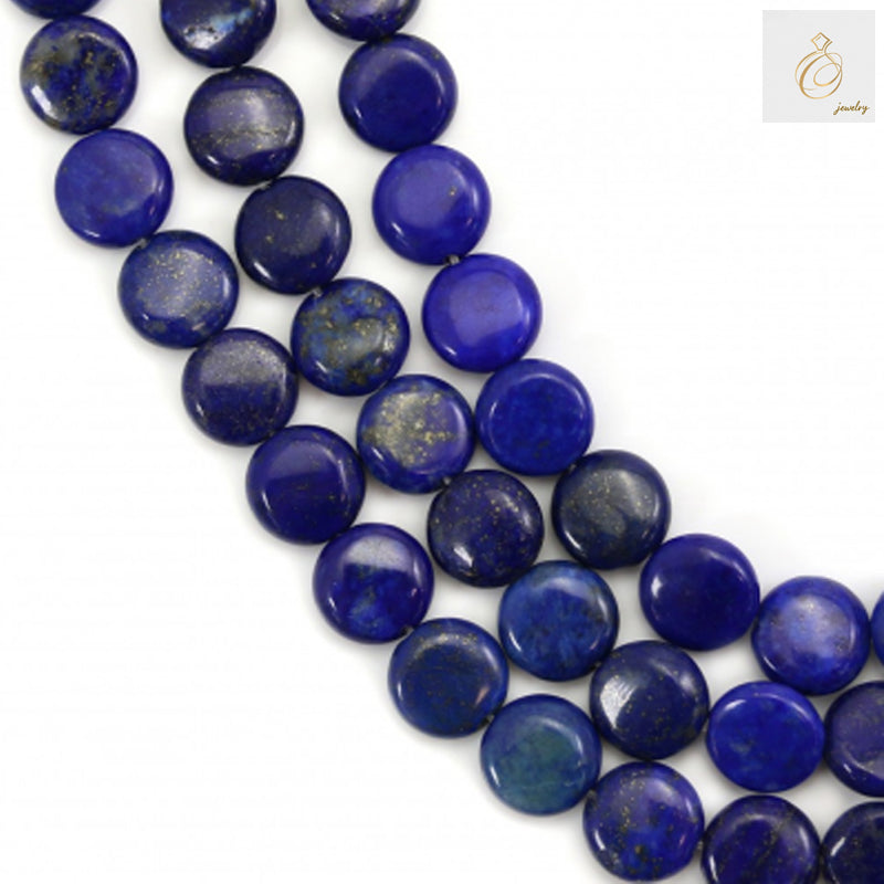 Natural lapis lazuli flat round beads 10mm diameter on 39cm strand"
"Deep blue lapis lazuli gemstone beads with gold flecks for jewelry making
