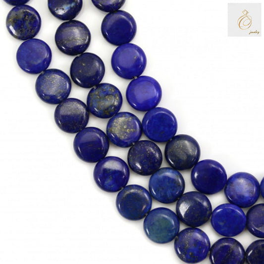 Natural lapis lazuli flat round beads 10mm diameter on 39cm strand"
"Deep blue lapis lazuli gemstone beads with gold flecks for jewelry making