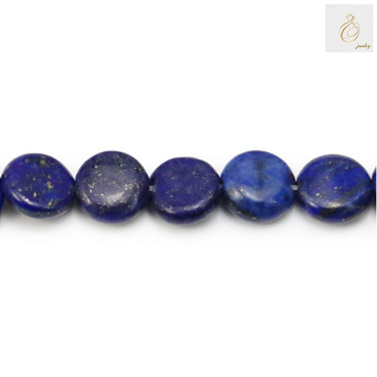 Flat round lapis lazuli beads 10mm showing natural stone texture and color