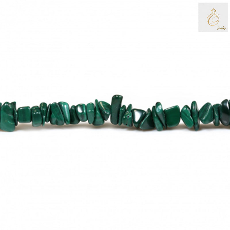 Natural malachite chip beads strand showing vibrant green gemstones with distinctive banded patterns for jewelry making