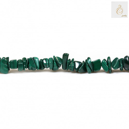 Natural malachite chip beads strand showing vibrant green gemstones with distinctive banded patterns for jewelry making