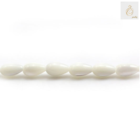 Natural mother-of-pearl teardrop beads 5x8mm arranged on strand showing lustrous white finish and consistent sizing for jewelry making