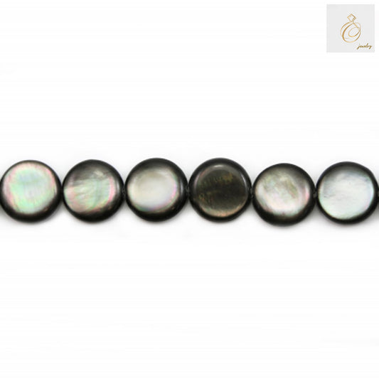 Natural grey mother of pearl shell beads strand, 12mm flat round beads with 0.8mm holes, approximately 33 beads per strand