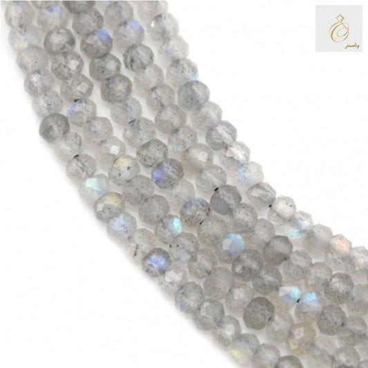 Natural labradorite beads strand, faceted abacus shape 2x3mm, 194 pieces for jewelry making"
"Faceted labradorite gemstone beads, natural blue-gray color with flash, 2x3mm size