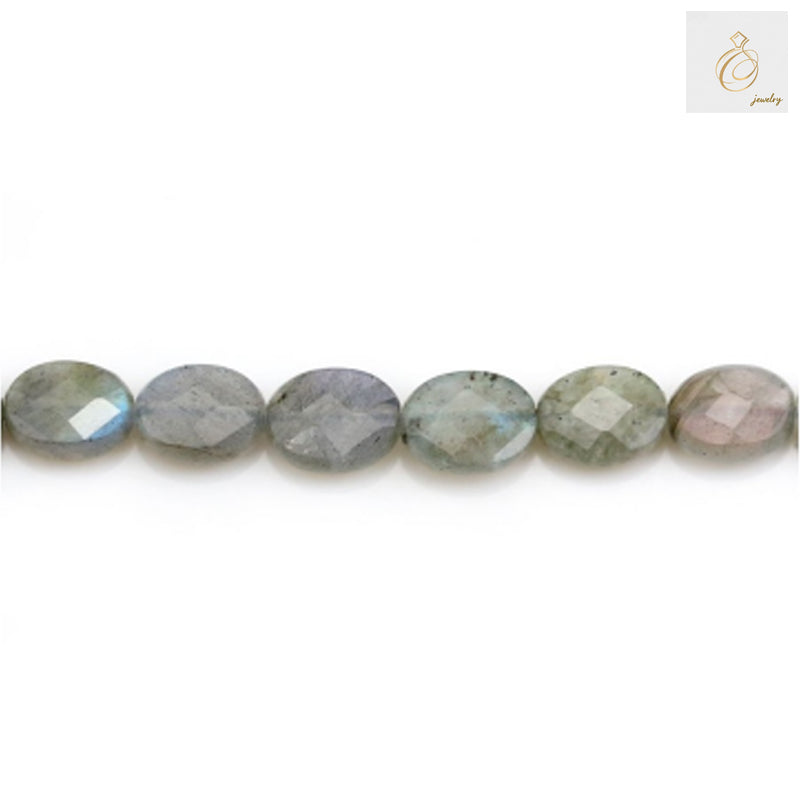 Natural labradorite gemstone beads arranged in a strand, featuring faceted oval cuts in 6x8mm size with characteristic blue-green iridescent flash and natural color variations