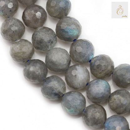 Natural labradorite beads strand, 12mm faceted round gemstone beads"
"Labradorite gemstone beads with iridescent blue-green flash, 12mm diameter