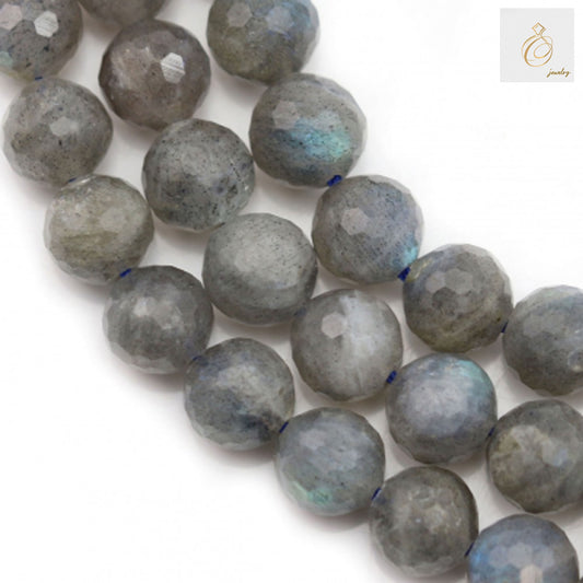 Natural labradorite beads strand, 12mm faceted round gemstone beads"
"Labradorite gemstone beads with iridescent blue-green flash, 12mm diameter