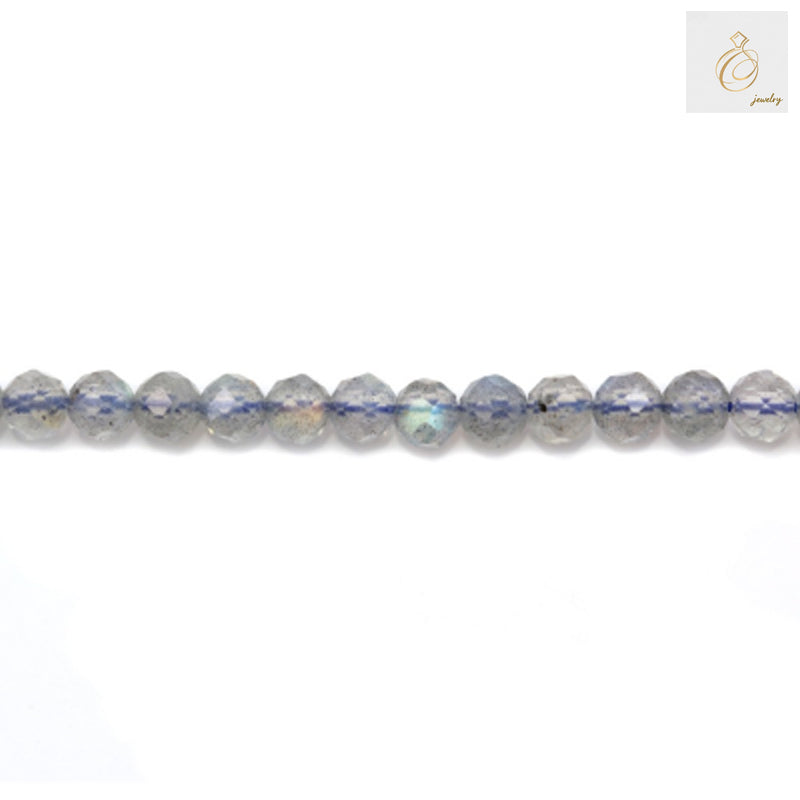 Natural labradorite beads strand showing 3mm faceted round gemstones with iridescent flash