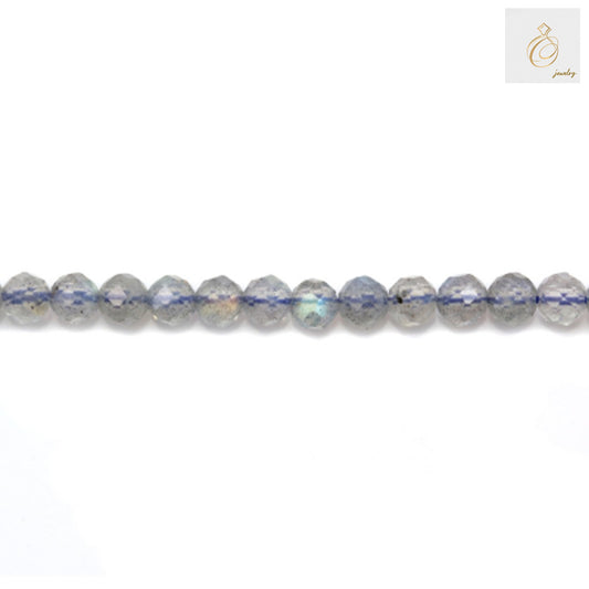 Natural labradorite beads strand showing 3mm faceted round gemstones with iridescent flash