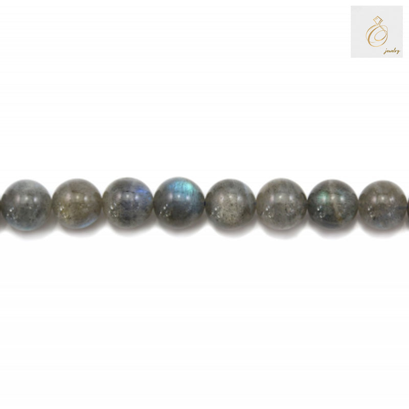 Natural labradorite round beads 8mm diameter showing iridescent blue and green flashes"
"Strand of 48 natural labradorite gemstone beads for jewelry making"
"Close-up of labradorite beads displaying natural color play and smooth round shape