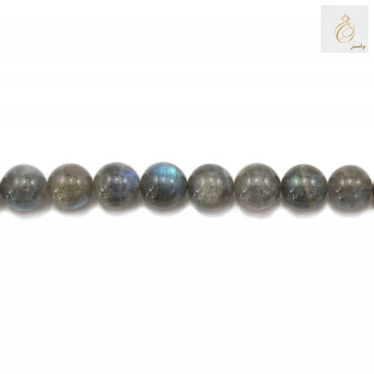 Natural labradorite round beads 8mm diameter showing iridescent blue and green flashes"
"Strand of 48 natural labradorite gemstone beads for jewelry making"
"Close-up of labradorite beads displaying natural color play and smooth round shape