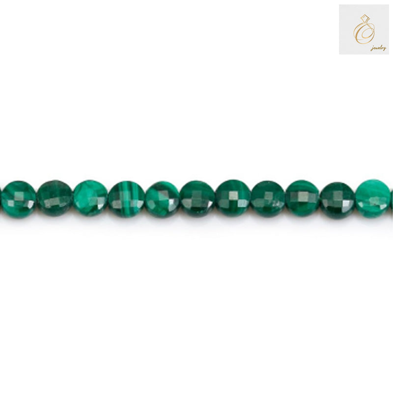 Natural malachite beads strand showing 4mm faceted rondelle green gemstone beads with distinctive banding patterns