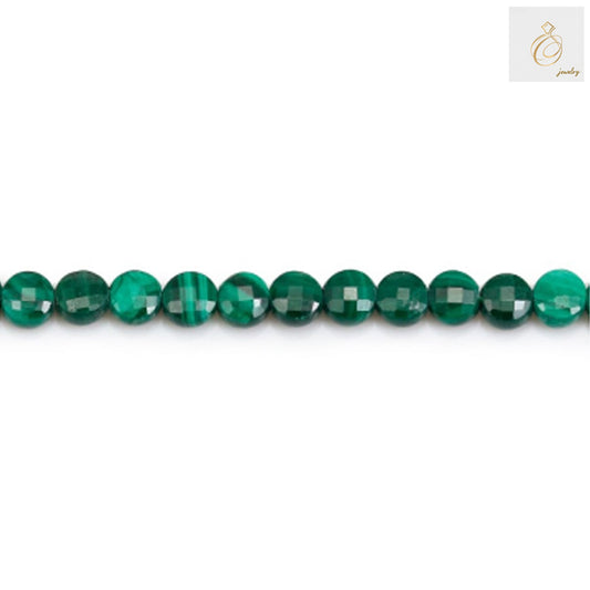 Natural malachite beads strand showing 4mm faceted rondelle green gemstone beads with distinctive banding patterns
