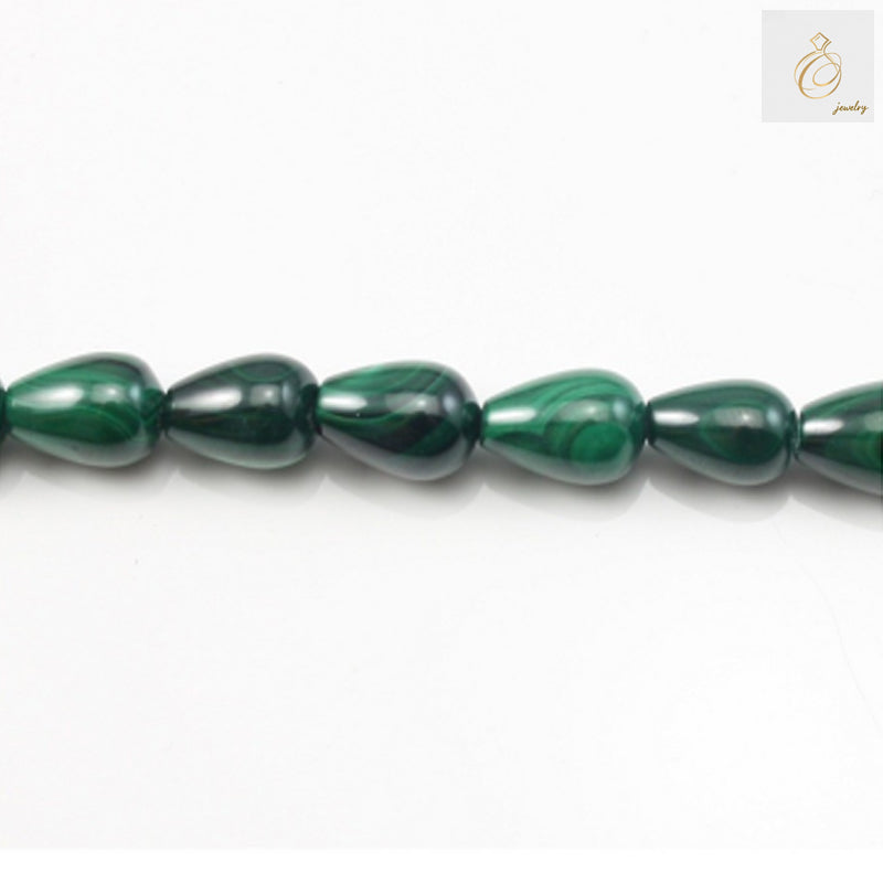 Natural malachite drop beads strand 8x12mm with green swirled patterns"
"Malachite gemstone teardrop beads for jewelry making, 33 pieces per strand"
"Green malachite drop shaped beads showing natural stone patterns and texture
