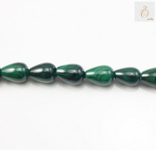 Natural malachite drop beads strand 8x12mm with green swirled patterns"
"Malachite gemstone teardrop beads for jewelry making, 33 pieces per strand"
"Green malachite drop shaped beads showing natural stone patterns and texture