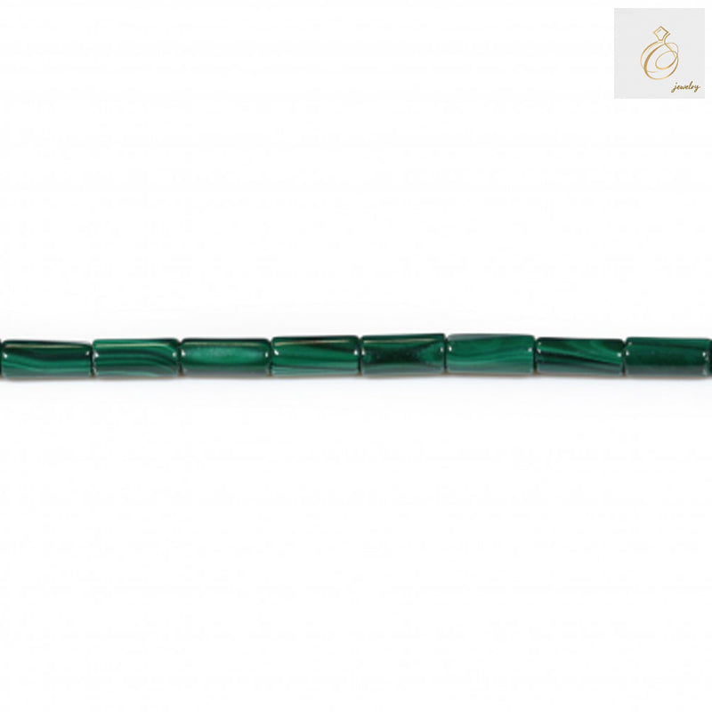 Natural malachite tube beads strand showing green gemstone beads with distinctive banding patterns"
"Close-up of 4x9mm malachite tube beads with 1mm holes for jewelry making"
"Green malachite gemstone beads arranged in strand, approximately 49 pieces