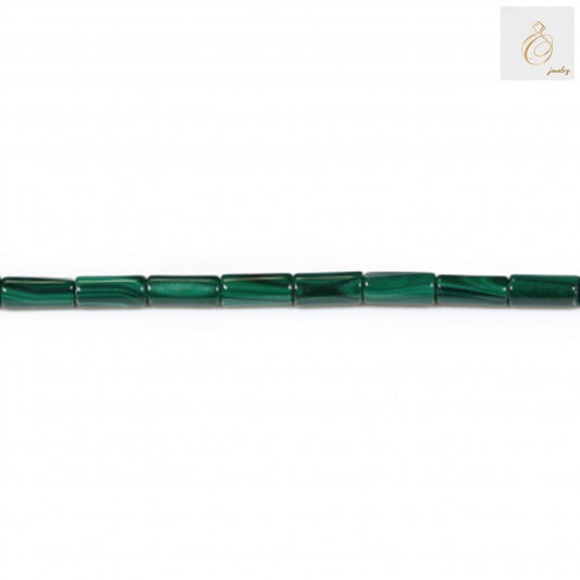 Natural malachite tube beads strand showing green gemstone beads with distinctive banding patterns"
"Close-up of 4x9mm malachite tube beads with 1mm holes for jewelry making"
"Green malachite gemstone beads arranged in strand, approximately 49 pieces