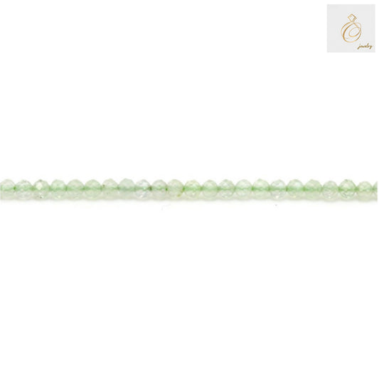 Natural prehnite beads strand, 2mm faceted round gemstone beads in soft green color"
"Close-up of 2mm natural prehnite beads showing faceted surface and translucent green hue"
"Premium quality prehnite gemstone beads, 160 pieces per strand for jewelry making