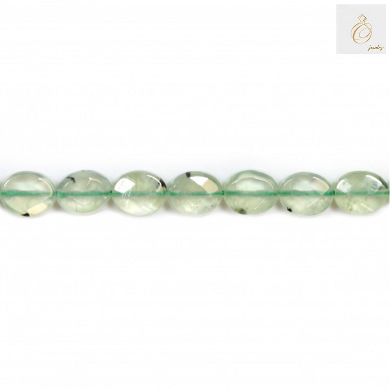 Natural prehnite gemstone beads 8x10mm oval faceted on white background"
"Green prehnite beads strand showing oval faceted cut and natural color variations"
"Close-up of natural prehnite gemstone beads 8x10mm for jewelry making