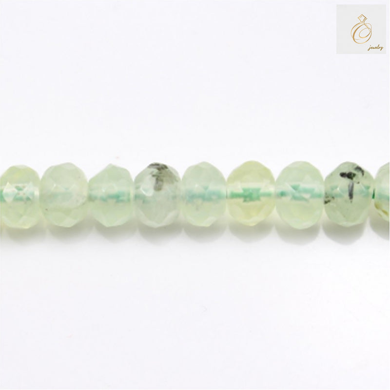 Natural prehnite faceted abacus beads 4x5mm on white background"
"Green prehnite gemstone beads strand for jewelry making"
"Faceted prehnite beads showing natural green color and sparkle"
"Close-up of natural prehnite abacus shaped beads with 1mm holes
