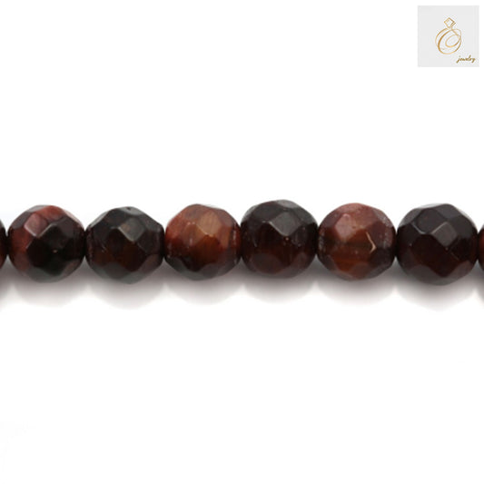 Natural red tiger's eye gemstone beads strand showing 3mm faceted round beads with rich reddish-brown color and golden chatoyancy effect, approximately 128 beads per strand for jewelry making