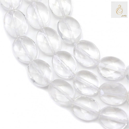 Natural rock crystal beads strand showing faceted flat oval beads 10x14mm with clear transparency and brilliant sparkle
