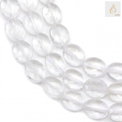 Natural rock crystal beads strand with faceted flat oval shape, 8x10mm size, clear transparent gemstone beads for jewelry making