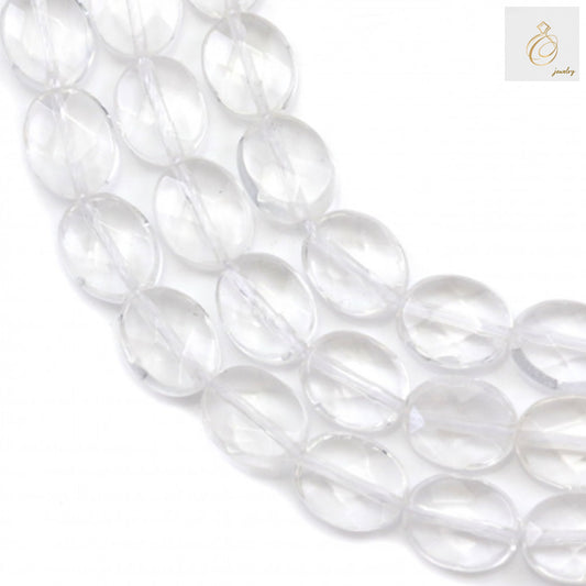 Natural rock crystal beads strand with faceted flat oval shape, 8x10mm size, clear transparent gemstone beads for jewelry making