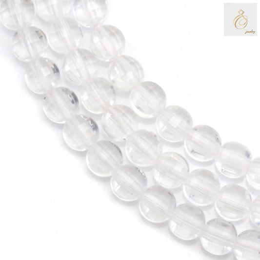 Natural rock crystal beads strand showing 4mm faceted flat round beads with clear transparency