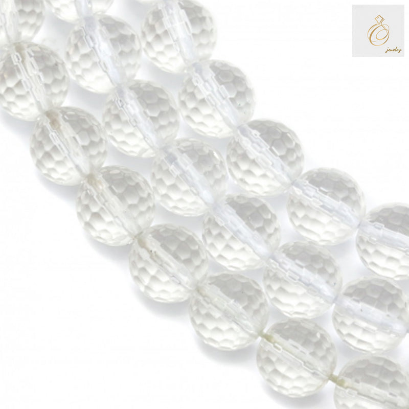 Natural rock crystal beads strand showing faceted round 10mm beads with clear transparency and brilliant cut