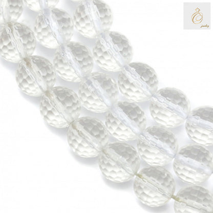 Natural rock crystal beads strand showing faceted round 10mm beads with clear transparency and brilliant cut