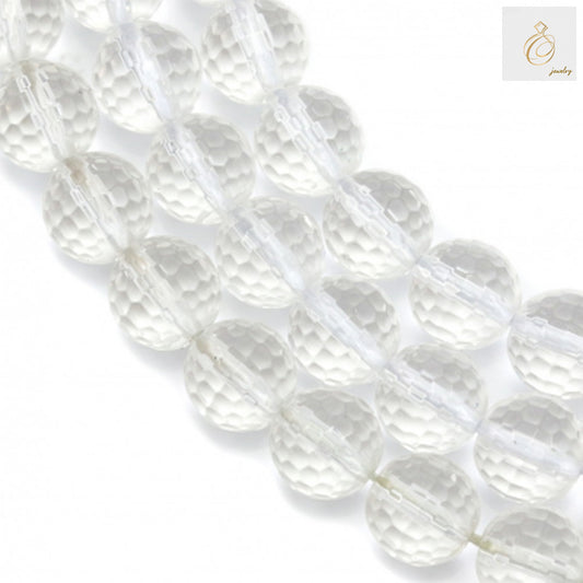 Natural rock crystal beads strand showing faceted round 10mm beads with clear transparency and brilliant cut