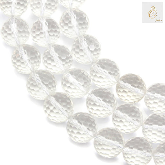 Natural rock crystal beads strand showing 12mm faceted round gemstone beads with clear transparency and brilliant sparkle