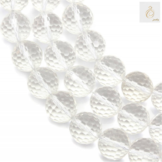Natural rock crystal beads strand with 14mm faceted round gemstones, clear transparent finish