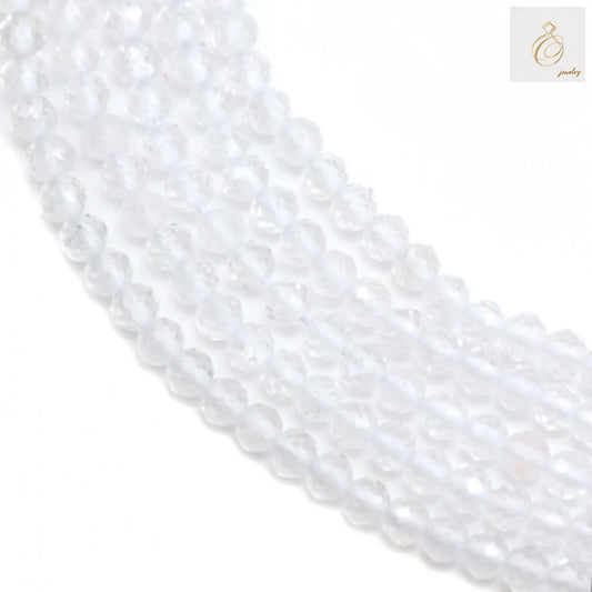 Natural rock crystal beads strand showing 2mm faceted round gemstone beads with clear transparency
