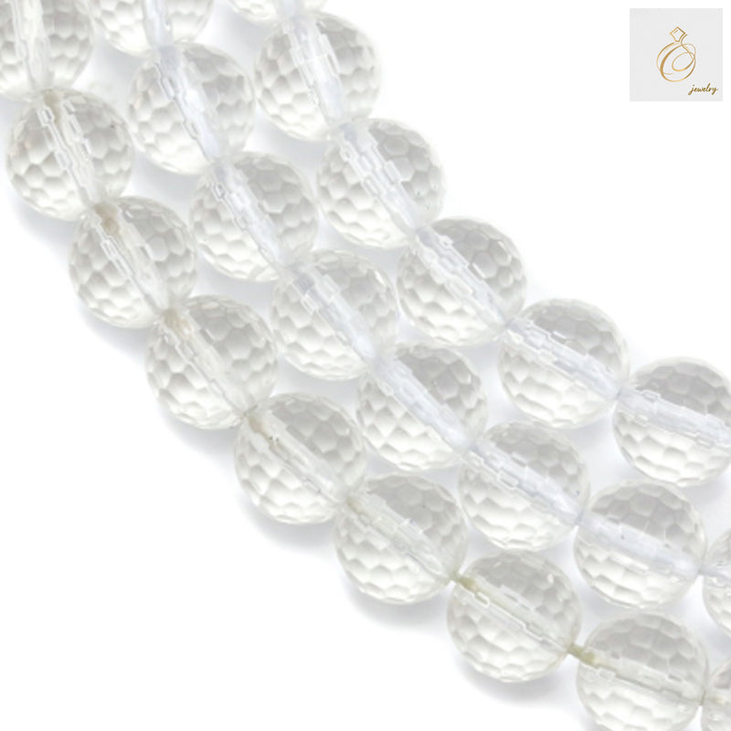 Natural rock crystal beads strand showing 8mm faceted round beads with clear transparency and brilliant sparkle