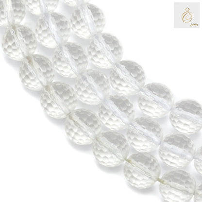 Natural rock crystal beads strand showing 8mm faceted round beads with clear transparency and brilliant sparkle