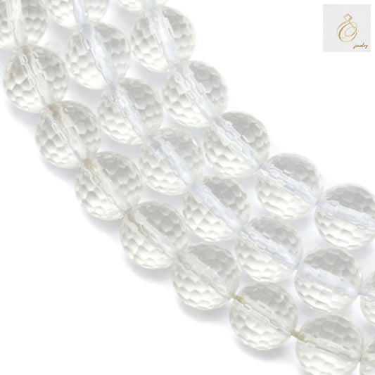 Natural rock crystal beads strand showing 8mm faceted round beads with clear transparency and brilliant sparkle
