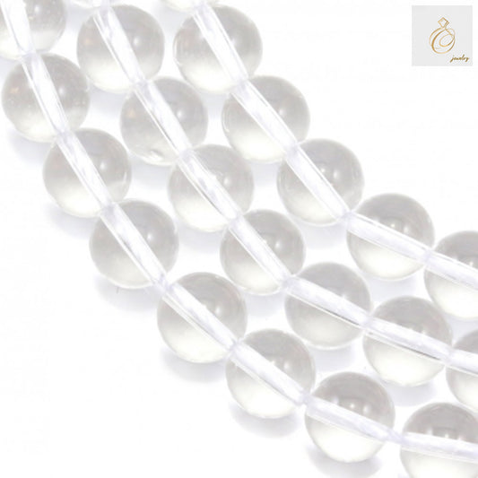 Natural clear rock crystal beads strand showing 10mm round gemstone beads with 1mm holes, perfect for jewelry making and crystal healing crafts