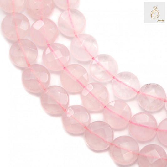 Natural rose quartz beads strand, 10mm faceted flat round gemstones, pink healing stones for jewelry making