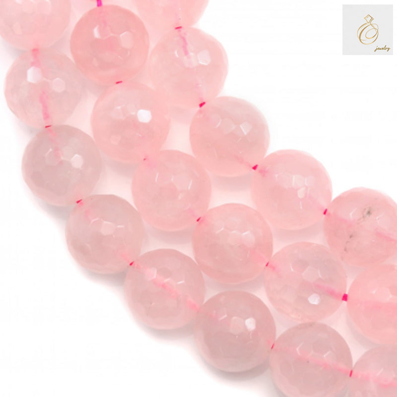 Natural rose quartz faceted round beads 14mm diameter strand showing pink gemstone beads with sparkly faceted surface