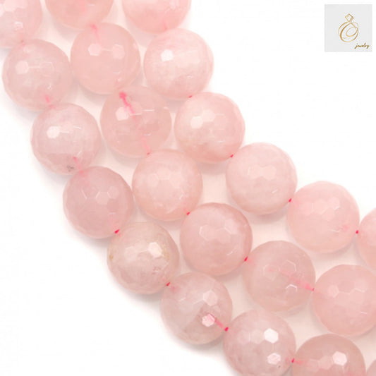 Natural rose quartz faceted round beads 16mm diameter strand showing pink gemstone beads with precision cut facets