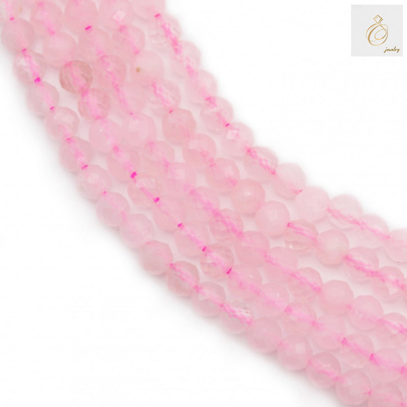 Natural rose quartz faceted round beads 3mm diameter strand showing bead detail and quality