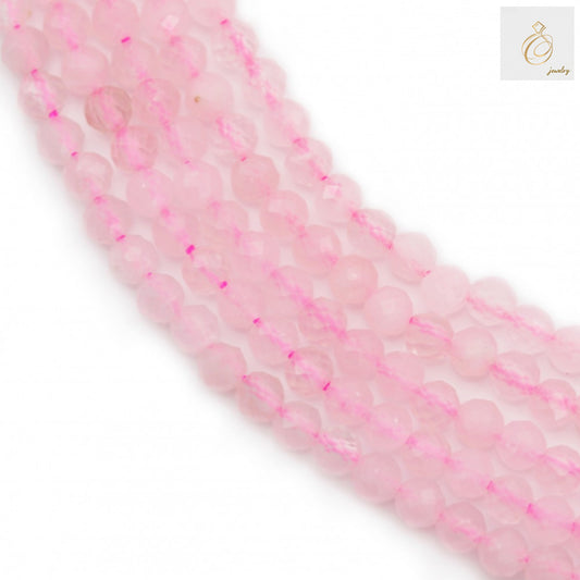 Natural rose quartz faceted round beads 3mm diameter strand showing bead detail and quality
