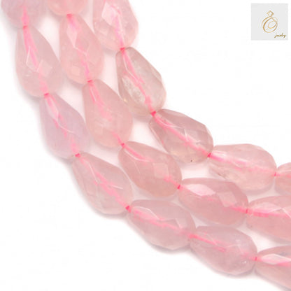 Natural rose quartz faceted teardrop beads strand, 8x12mm size, showing the beautiful pink translucent gemstone beads with precise faceted cuts