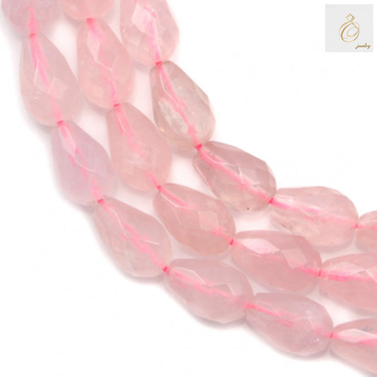 Natural rose quartz faceted teardrop beads strand, 8x12mm size, showing the beautiful pink translucent gemstone beads with precise faceted cuts