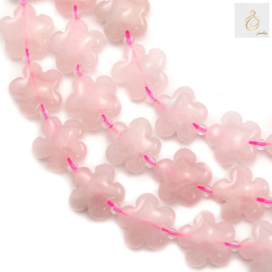 Natural rose quartz flower beads 20mm strand showing pink gemstone texture and quality